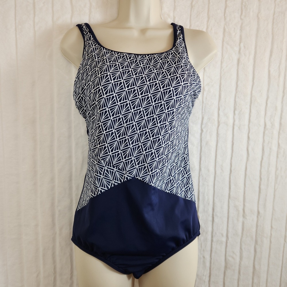Lands End Womens Navy Blue Geometric One‎ Piece Swimsuit Size 12 MAST 477668